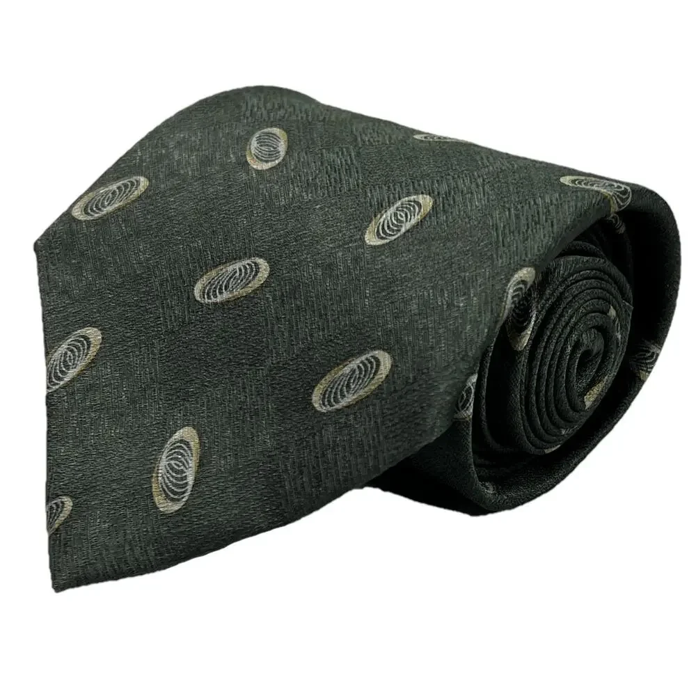 Van Heusen Green Silk Necktie Cream Geometric Accents Men’s 59